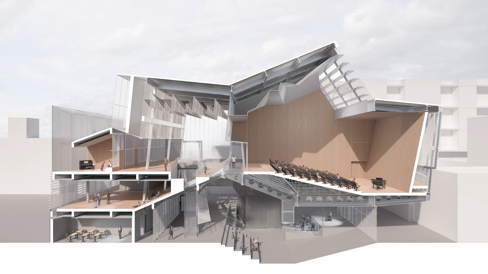 Perspective section showing the layered performance spaces of Resonant Void