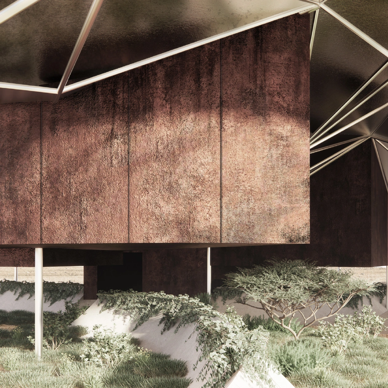 Weathering steel facade and planted wetland