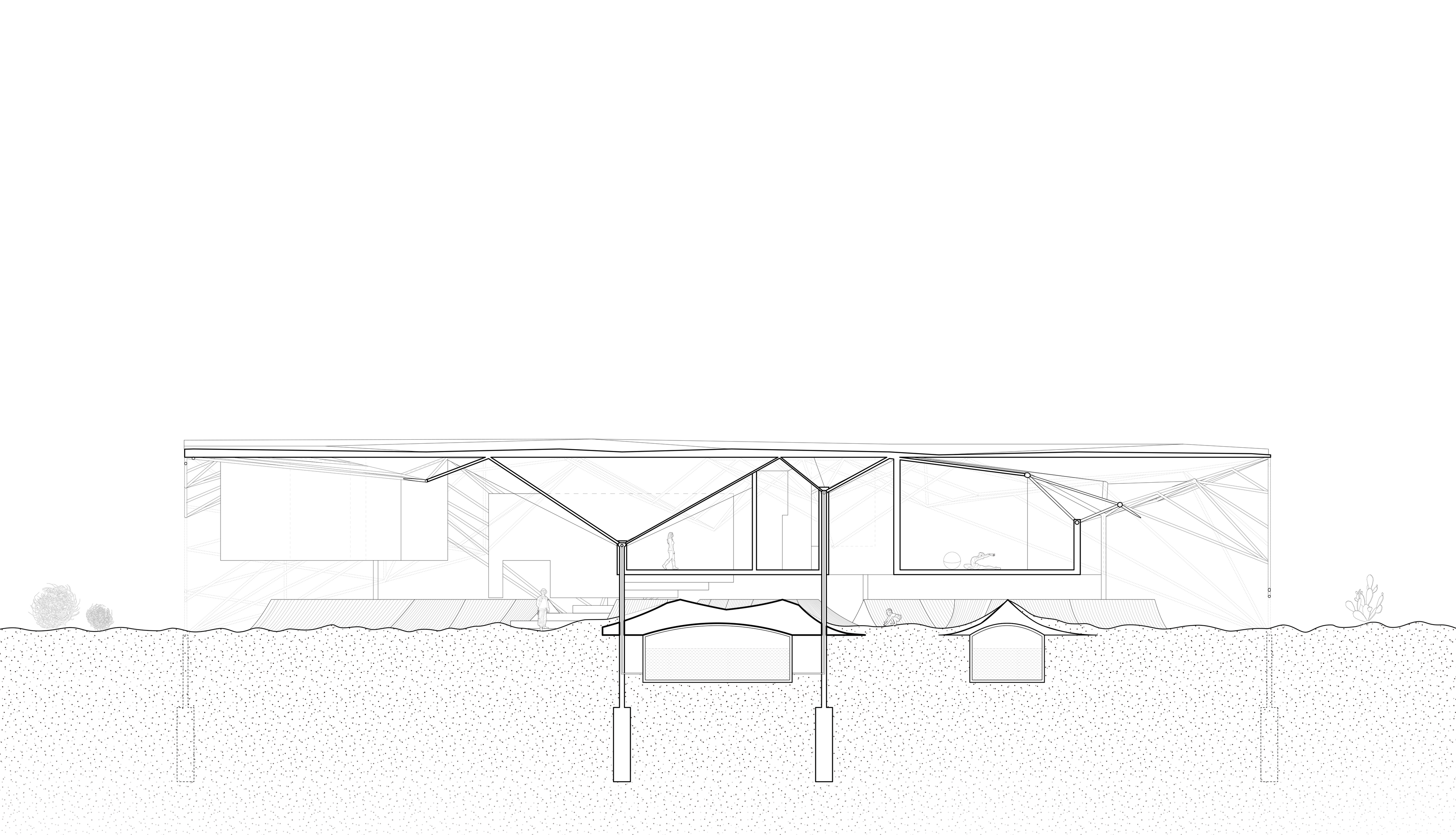 Section showing the structural and water collection systems
